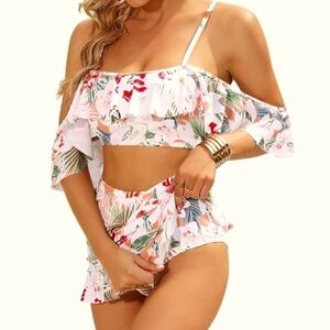 2Pc High Waist Tummy Control Swimsuit Ruffle Bikini Skirt Cold Shoulder NWT XL